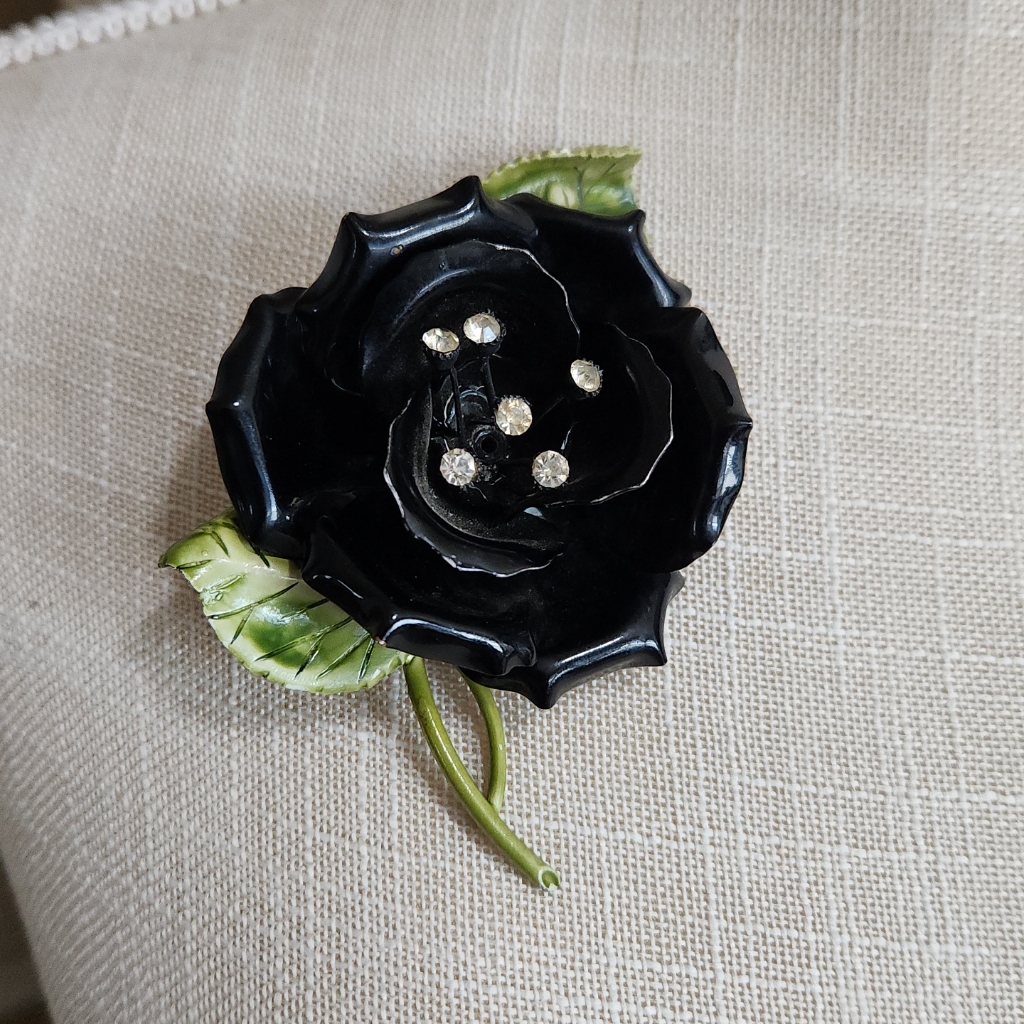 Vintage Black Rose Rhinestone Brooch